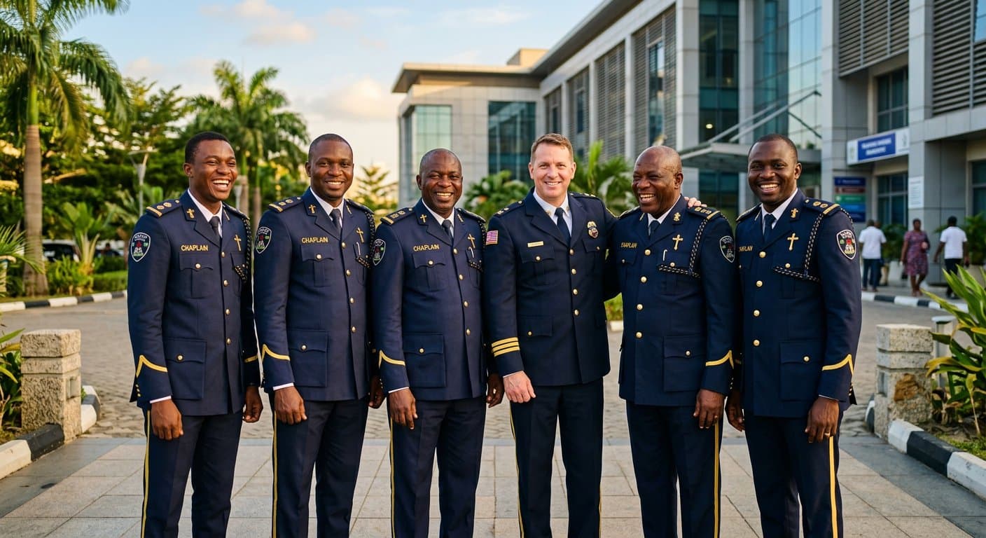 Nigerian and American chaplains in fellowship outside a training academy