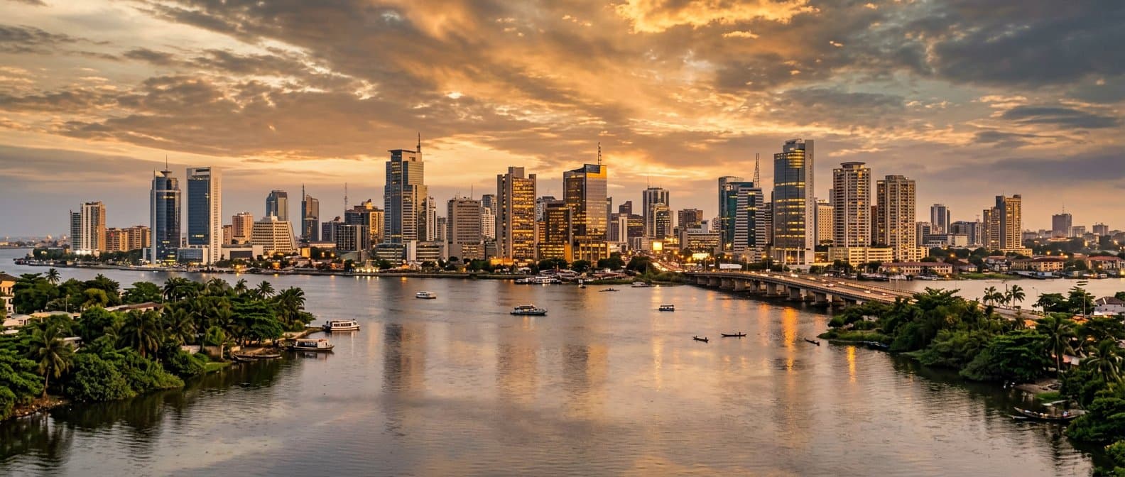Modern African city skyline glowing at golden hour