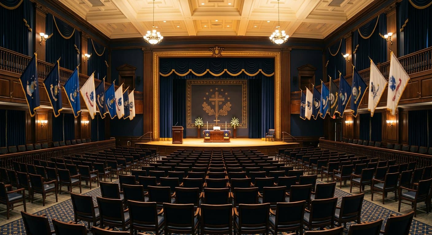 A grand conference hall prepared for a chaplaincy gathering