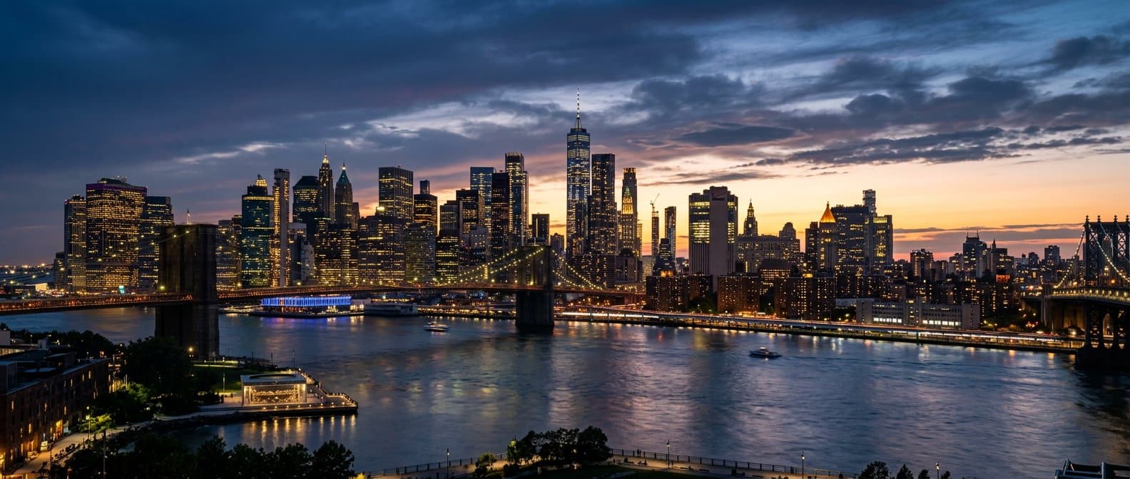 A great city skyline at dusk beneath deep blue skies