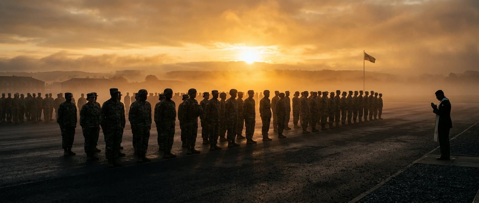 Service members in formation at dawn with a chaplain alongside