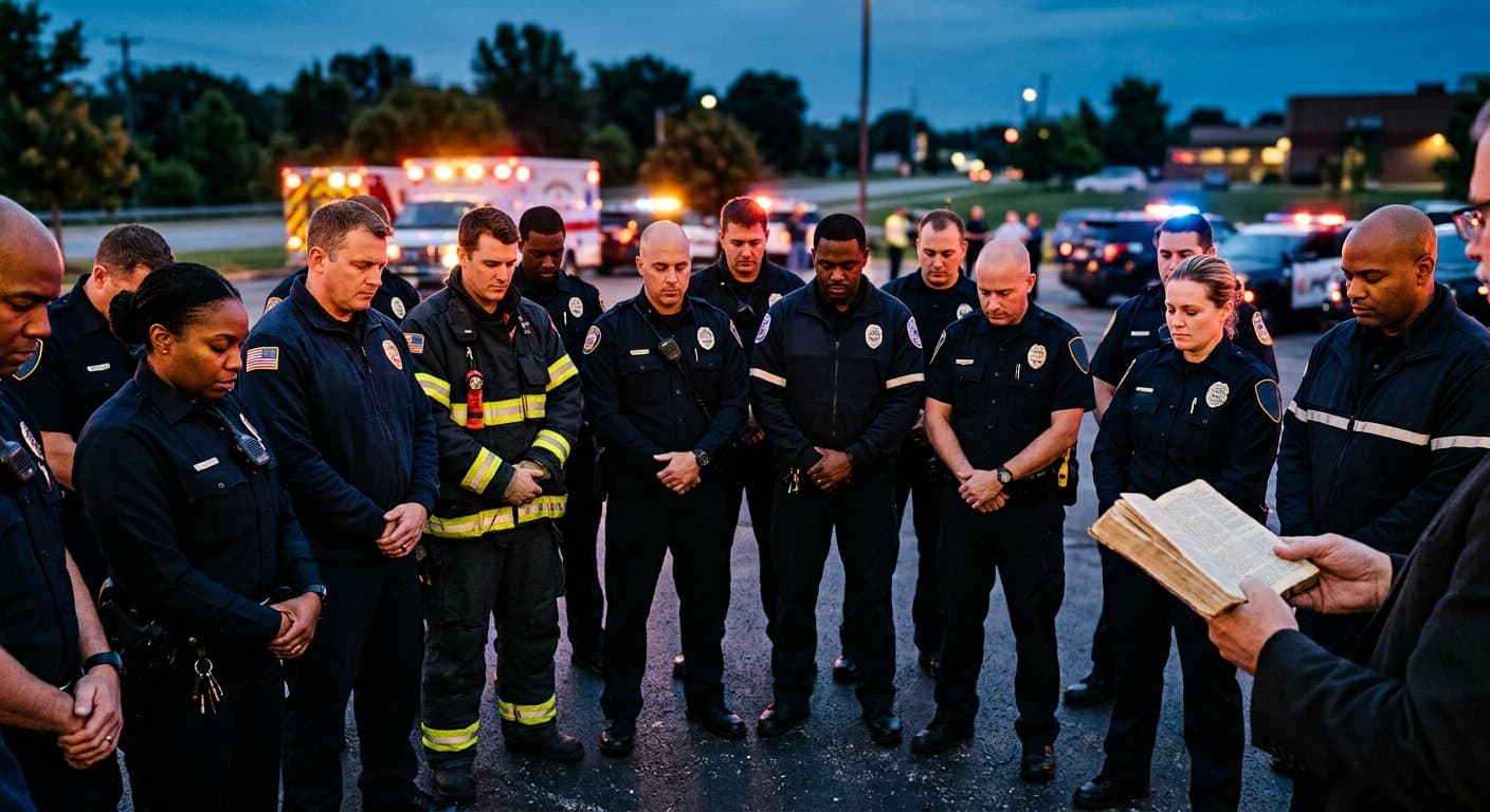 Responders and chaplains bowed together in a prayer circle at dusk